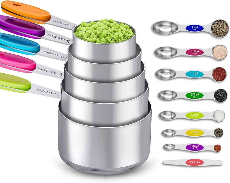 TopFeel 13-Piece Measuring Cups and Magnetic Spoons Set, 5 Stainless Steel Measuring Cups, 7 Double-Sided Magnetic Measuring Spoons & 1 Leveler for Cooking and Baking (5+7+1) - Image 1